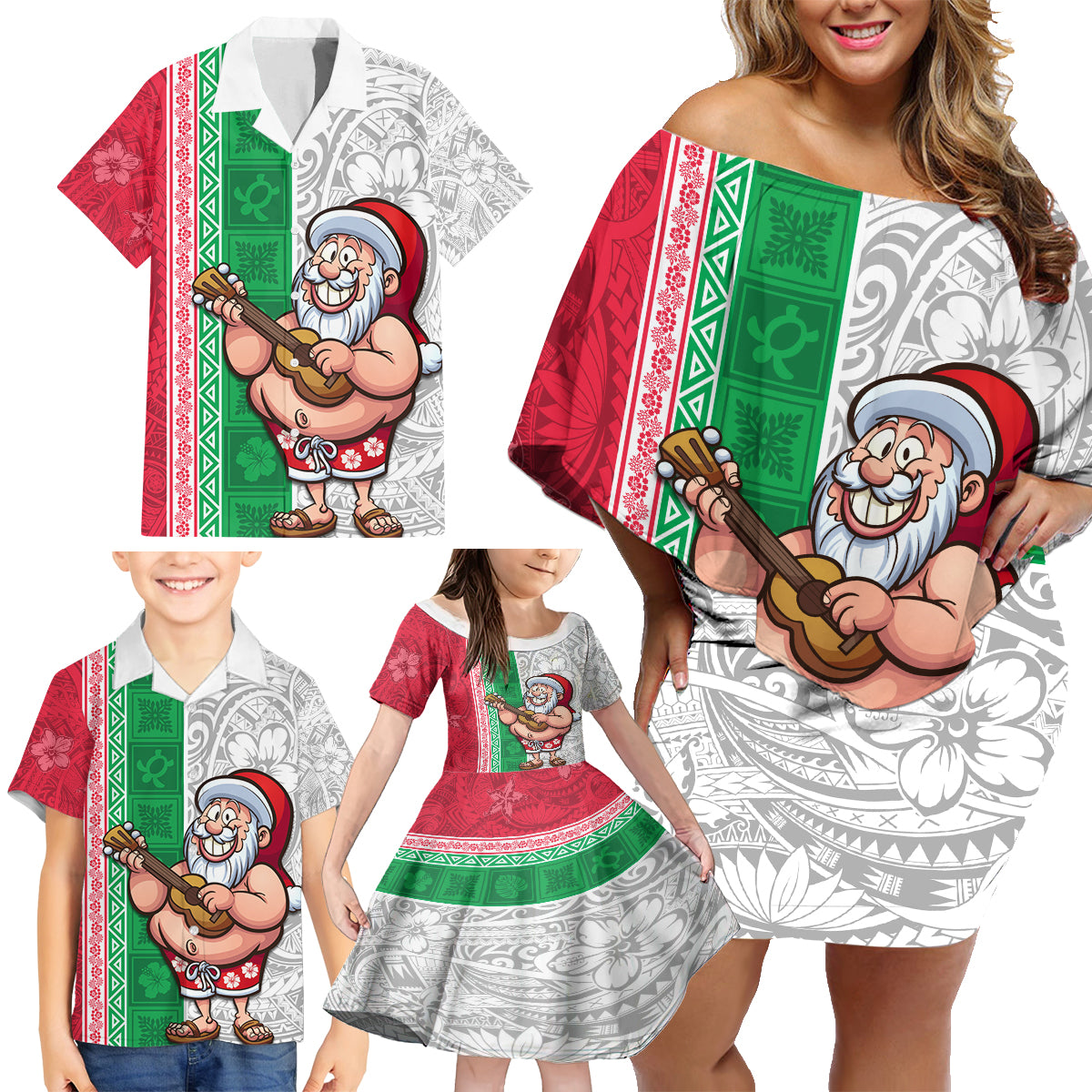 Hawaii Mele Kalikimaka Family Matching Off Shoulder Short Dress and Hawaiian Shirt Santa Playing Ukele Mix Kakau Pattern Xmas Style LT03 - Polynesian Pride