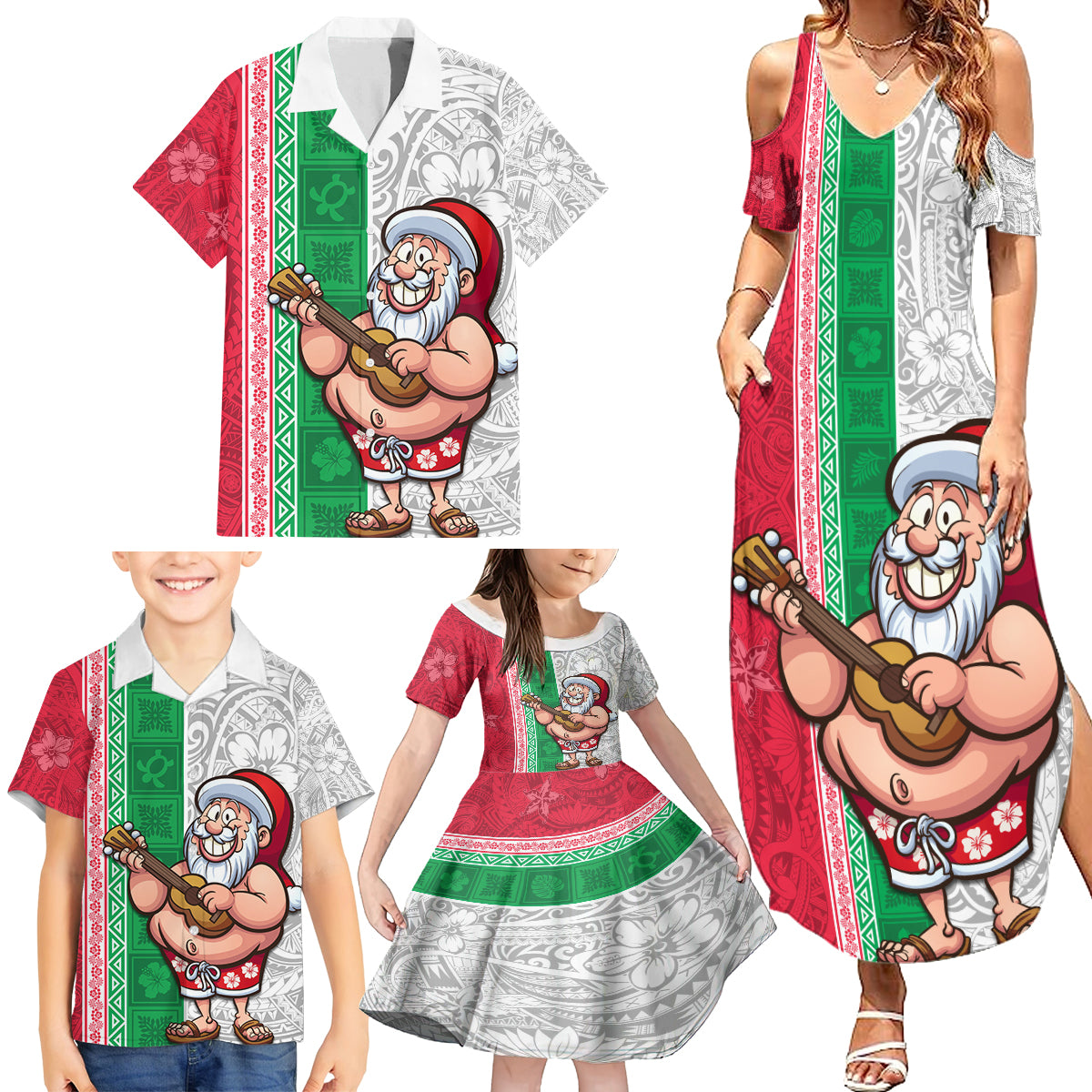 Hawaii Mele Kalikimaka Family Matching Summer Maxi Dress and Hawaiian Shirt Santa Playing Ukele Mix Kakau Pattern Xmas Style LT03 - Polynesian Pride