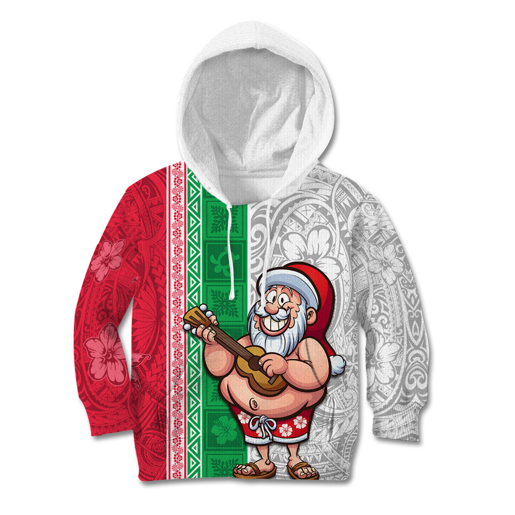 Hawaii Mele Kalikimaka Kid Hoodie Santa Playing Ukele Mix Kakau Pattern Xmas Style LT03 Red - Polynesian Pride