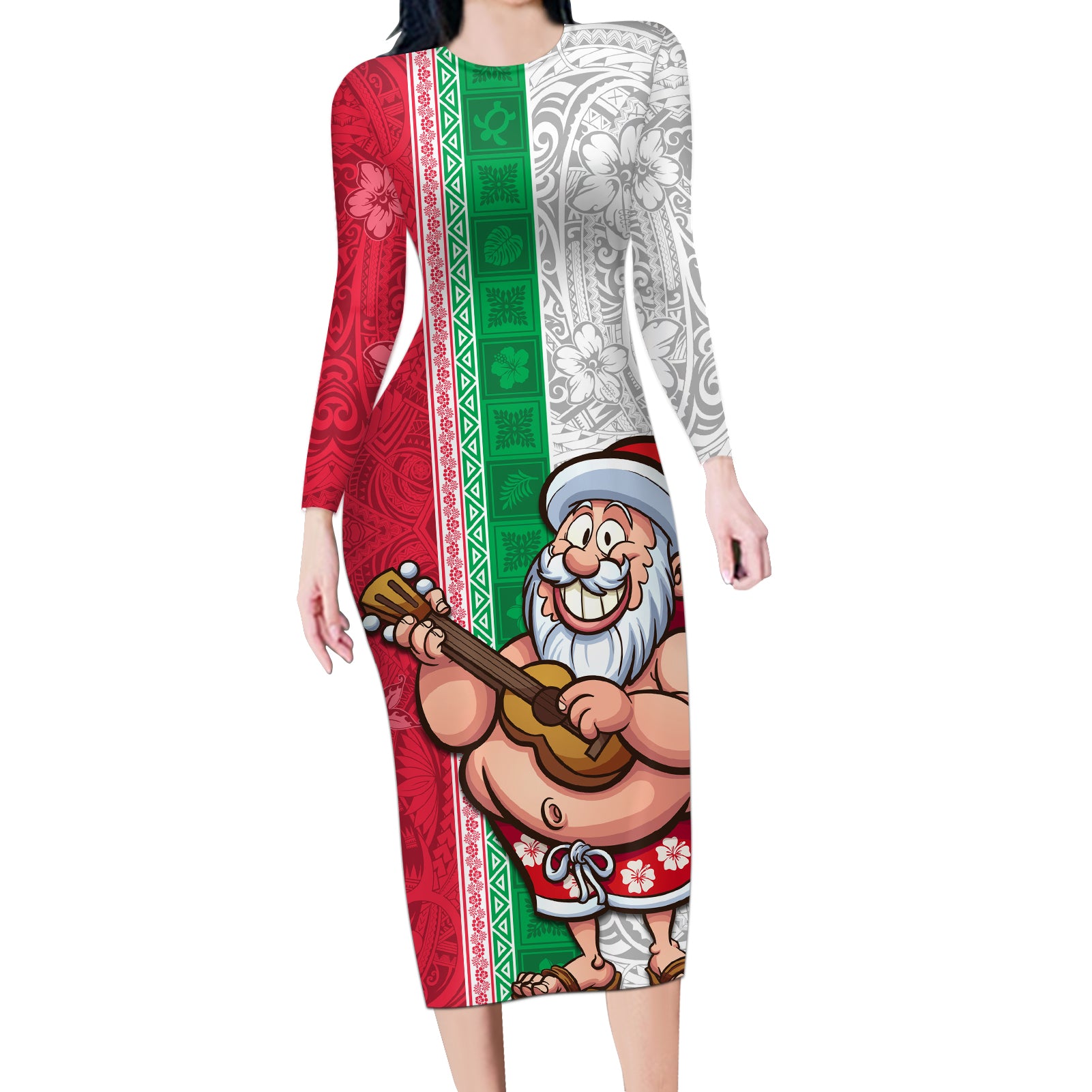 Hawaii Mele Kalikimaka Long Sleeve Bodycon Dress Santa Playing Ukele Mix Kakau Pattern Xmas Style LT03 Long Dress Red - Polynesian Pride