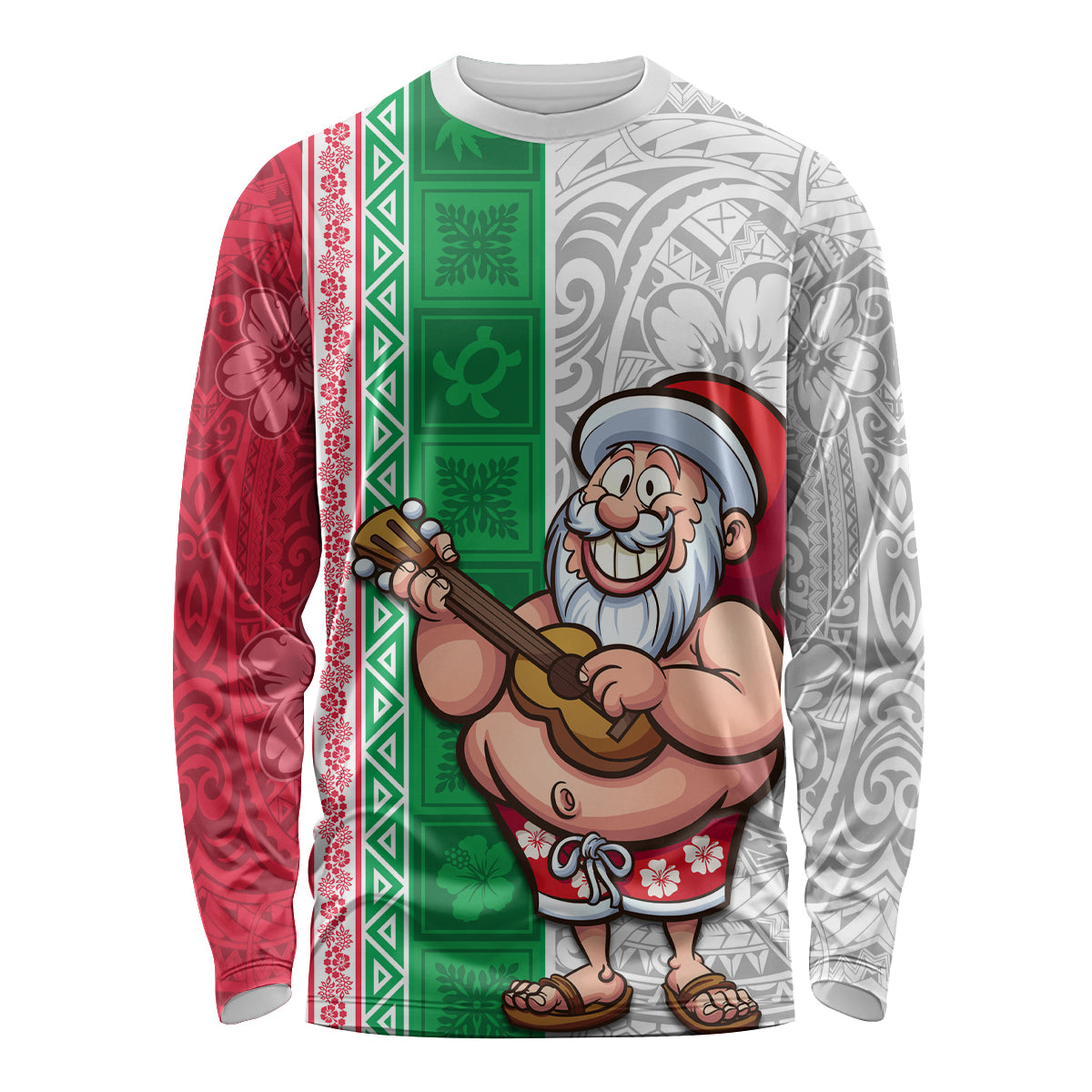 Hawaii Mele Kalikimaka Long Sleeve Shirt Santa Playing Ukele Mix Kakau Pattern Xmas Style LT03 Unisex Red - Polynesian Pride