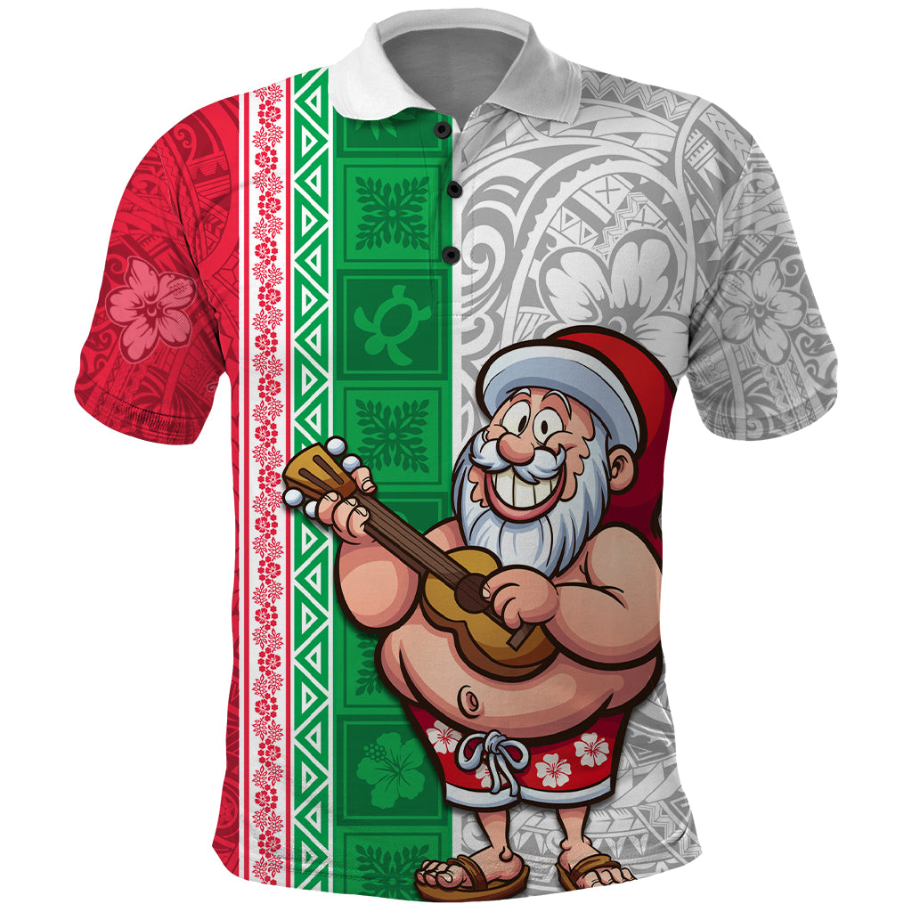 Hawaii Mele Kalikimaka Polo Shirt Santa Playing Ukele Mix Kakau Pattern Xmas Style LT03 Red - Polynesian Pride