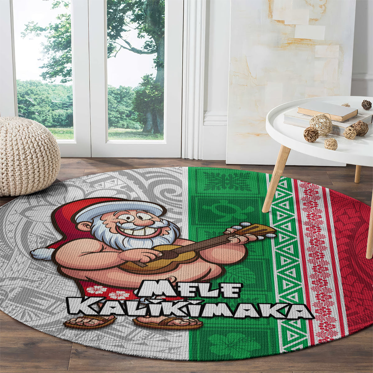 Hawaii Mele Kalikimaka Round Carpet Santa Playing Ukele Mix Kakau Pattern Xmas Style LT03 - Polynesian Pride