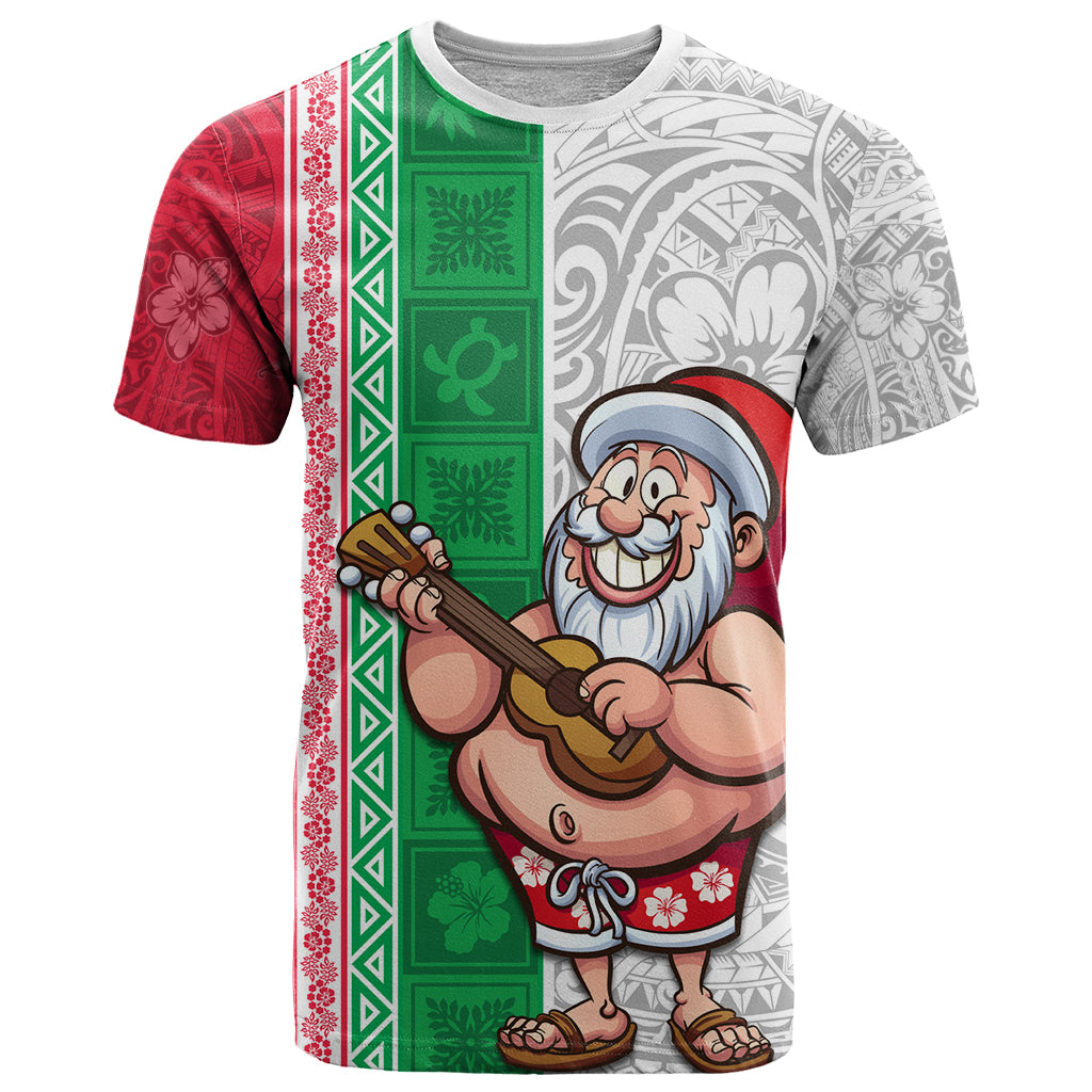 Hawaii Mele Kalikimaka T Shirt Santa Playing Ukele Mix Kakau Pattern Xmas Style LT03 Red - Polynesian Pride