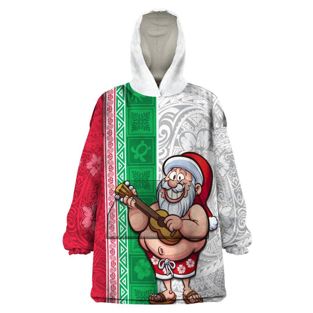 Hawaii Mele Kalikimaka Wearable Blanket Hoodie Santa Playing Ukele Mix Kakau Pattern Xmas Style LT03 One Size Red - Polynesian Pride