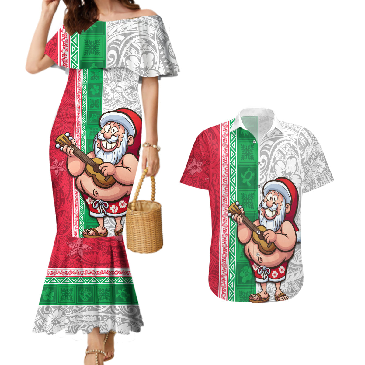 Custom Hawaii Mele Kalikimaka Couples Matching Mermaid Dress and Hawaiian Shirt Santa Playing Ukele Mix Kakau Pattern Xmas Style LT03 Red - Polynesian Pride