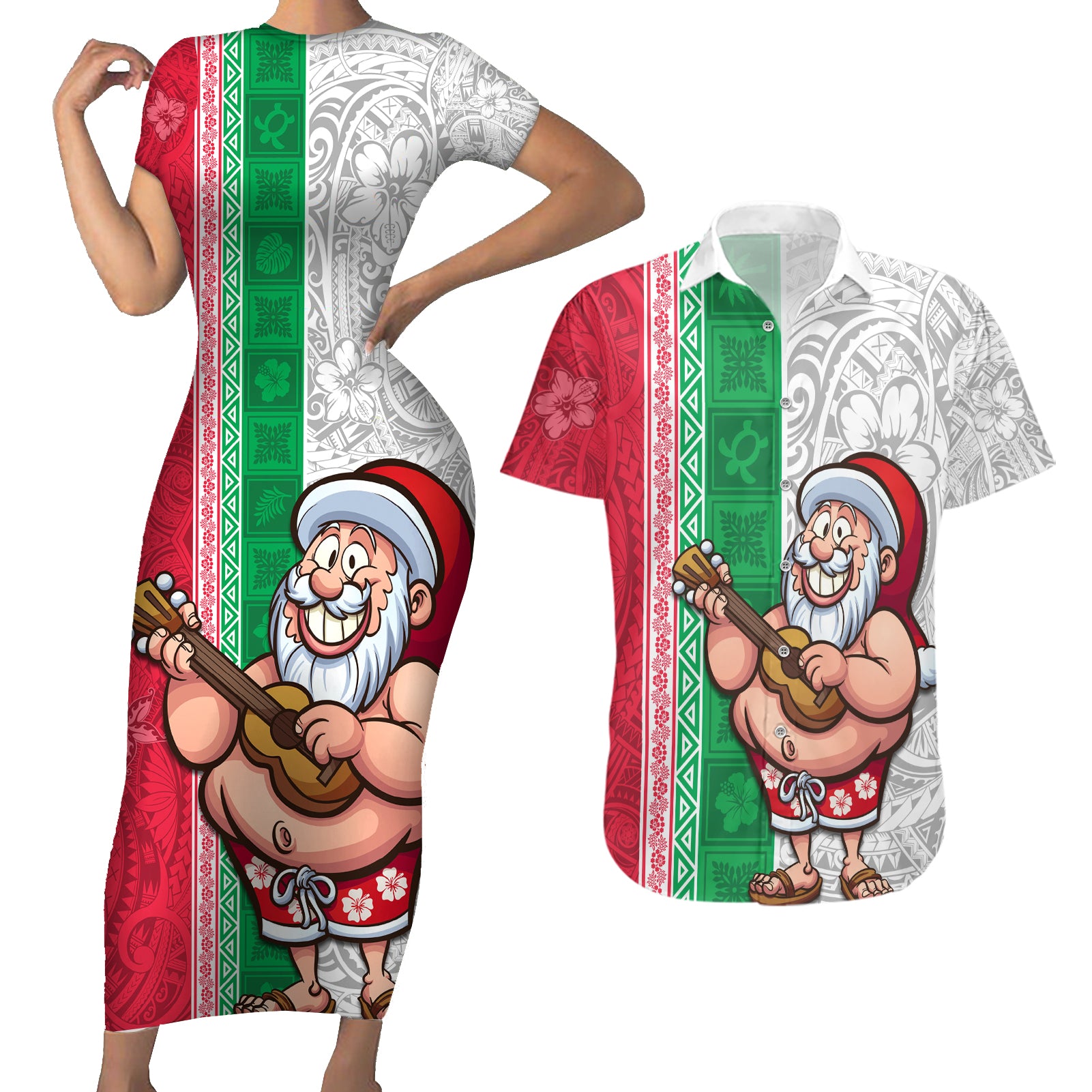 Custom Hawaii Mele Kalikimaka Couples Matching Short Sleeve Bodycon Dress and Hawaiian Shirt Santa Playing Ukele Mix Kakau Pattern Xmas Style LT03 Red - Polynesian Pride