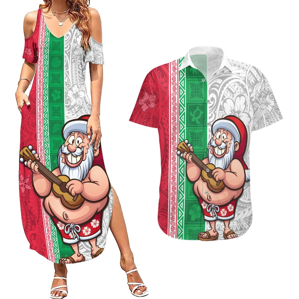 Custom Hawaii Mele Kalikimaka Couples Matching Summer Maxi Dress and Hawaiian Shirt Santa Playing Ukele Mix Kakau Pattern Xmas Style LT03 Red - Polynesian Pride