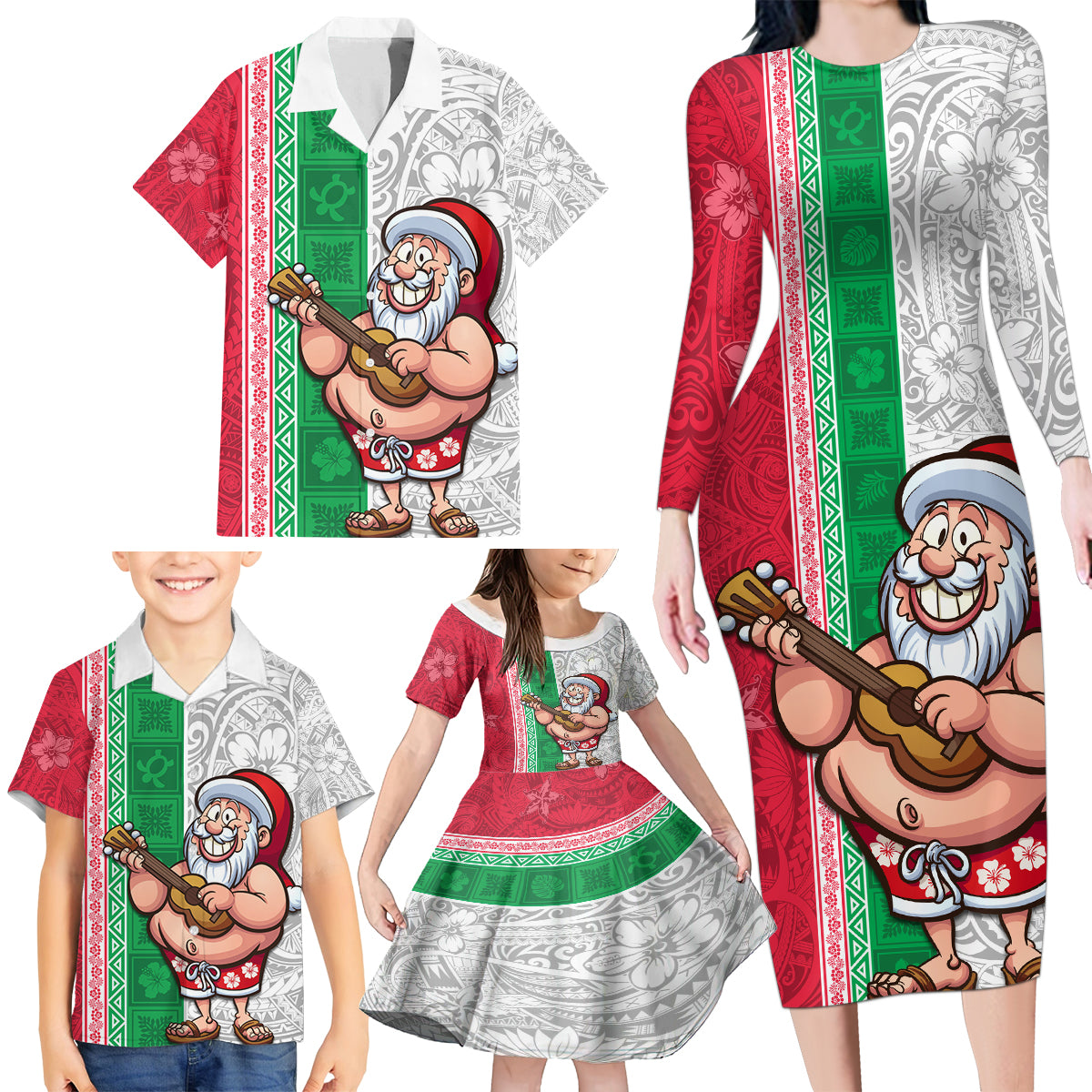 Custom Hawaii Mele Kalikimaka Family Matching Long Sleeve Bodycon Dress and Hawaiian Shirt Santa Playing Ukele Mix Kakau Pattern Xmas Style LT03 - Polynesian Pride