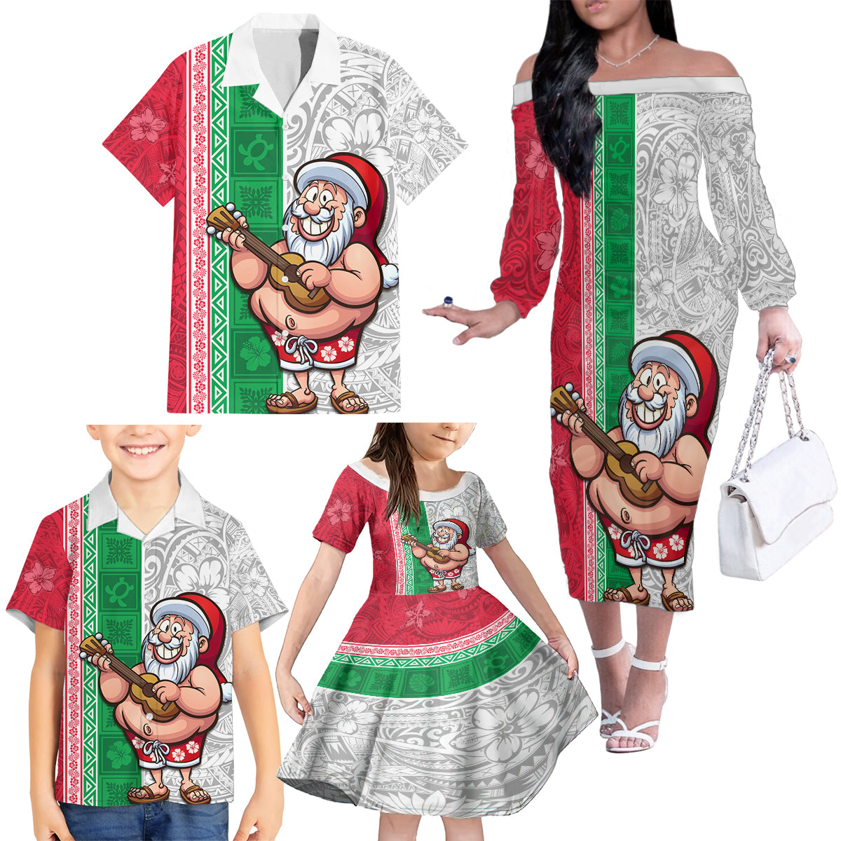 Custom Hawaii Mele Kalikimaka Family Matching Off Shoulder Long Sleeve Dress and Hawaiian Shirt Santa Playing Ukele Mix Kakau Pattern Xmas Style LT03 - Polynesian Pride