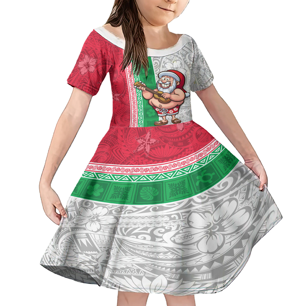 Custom Hawaii Mele Kalikimaka Family Matching Short Sleeve Bodycon Dress and Hawaiian Shirt Santa Playing Ukele Mix Kakau Pattern Xmas Style LT03 Daughter's Dress Red - Polynesian Pride