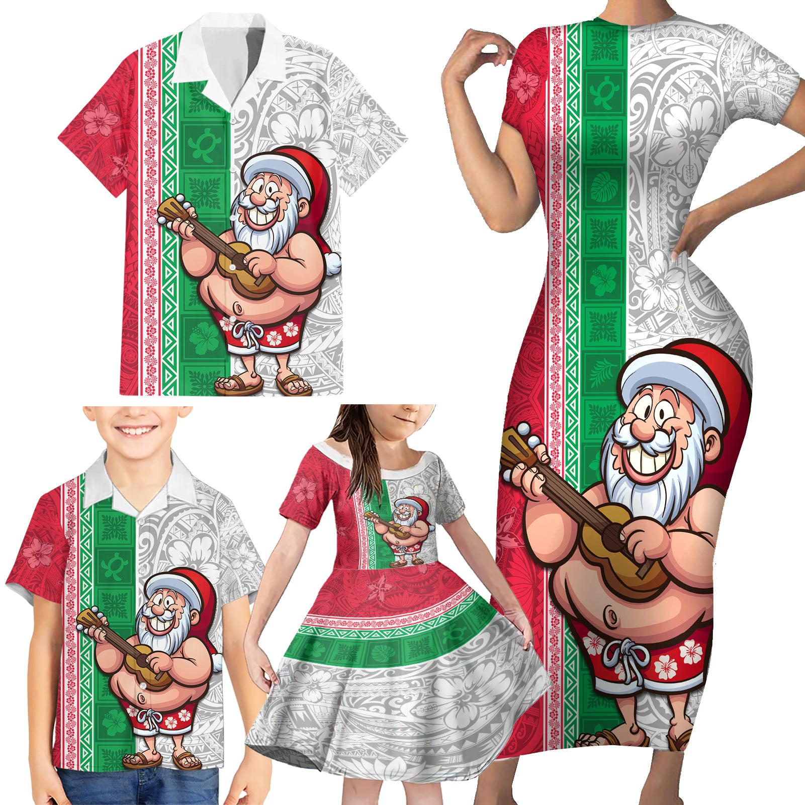 Custom Hawaii Mele Kalikimaka Family Matching Short Sleeve Bodycon Dress and Hawaiian Shirt Santa Playing Ukele Mix Kakau Pattern Xmas Style LT03 - Polynesian Pride