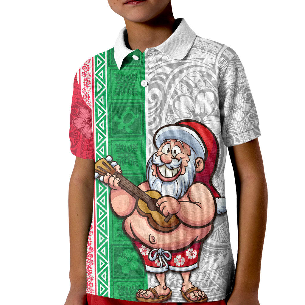 Custom Hawaii Mele Kalikimaka Kid Polo Shirt Santa Playing Ukele Mix Kakau Pattern Xmas Style LT03 Kid Red - Polynesian Pride