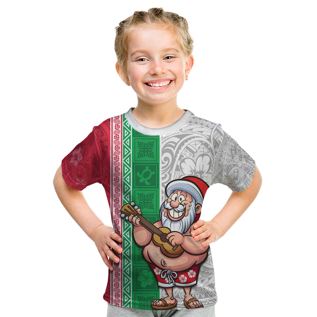 Custom Hawaii Mele Kalikimaka Kid T Shirt Santa Playing Ukele Mix Kakau Pattern Xmas Style LT03 Red - Polynesian Pride