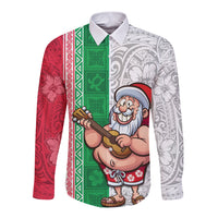 Custom Hawaii Mele Kalikimaka Long Sleeve Button Shirt Santa Playing Ukele Mix Kakau Pattern Xmas Style LT03 Unisex Red - Polynesian Pride