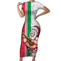 Custom Hawaii Mele Kalikimaka Short Sleeve Bodycon Dress Santa Playing Ukele Mix Kakau Pattern Xmas Style LT03 Long Dress Red - Polynesian Pride