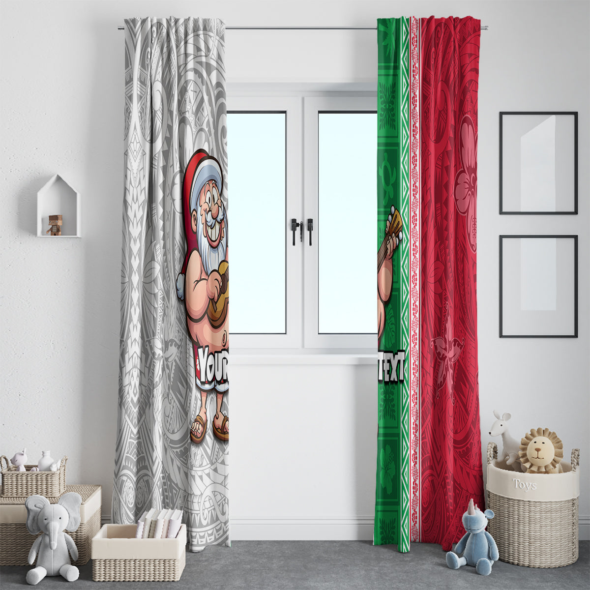 Custom Hawaii Mele Kalikimaka Window Curtain Santa Playing Ukele Mix Kakau Pattern Xmas Style LT03 - Polynesian Pride