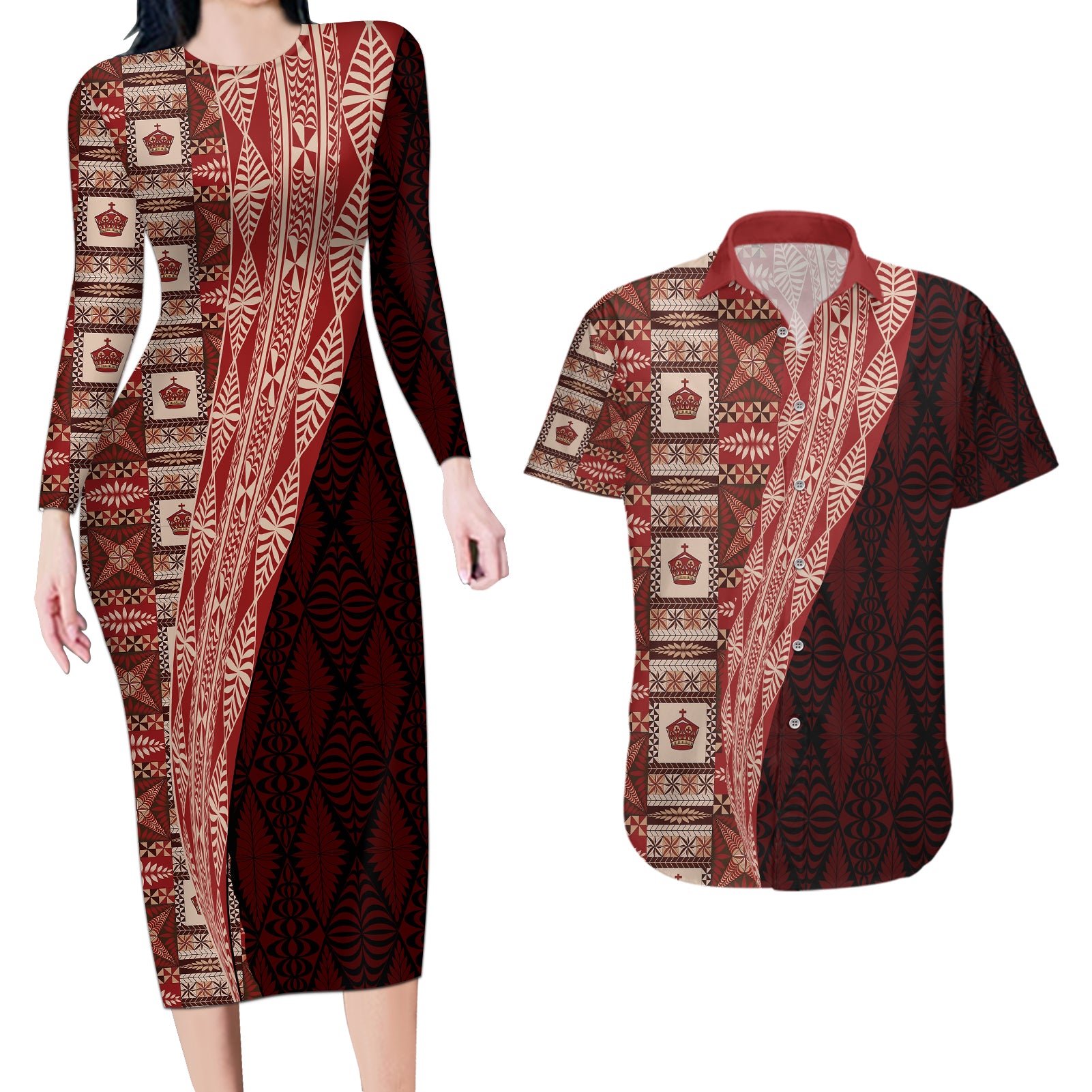 Tonga Fonulei and Ngatu Pattern Couples Matching Long Sleeve Bodycon Dress and Hawaiian Shirt LT03 Red - Polynesian Pride