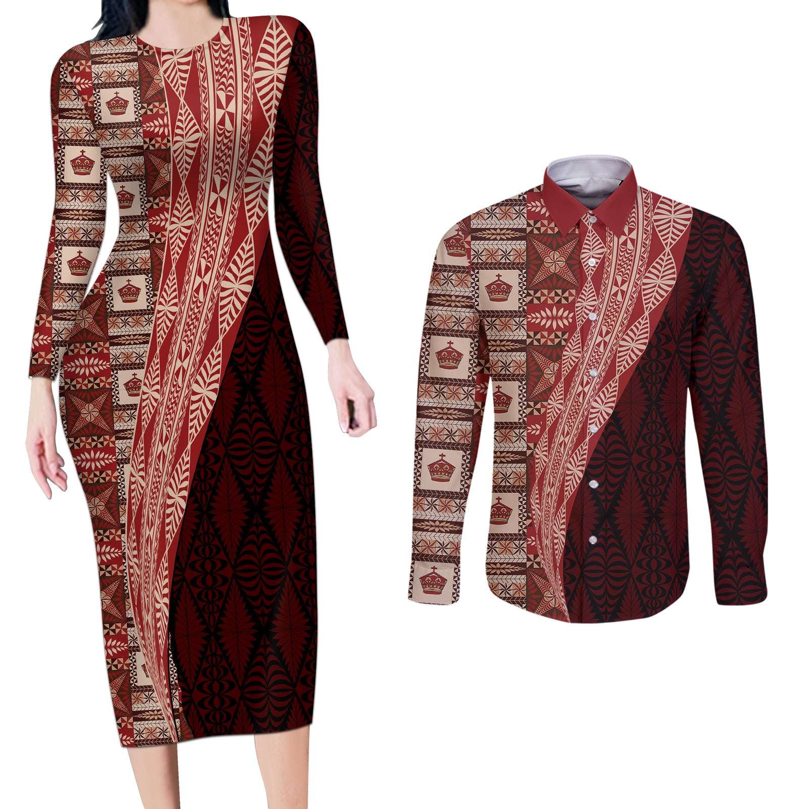 Tonga Fonulei and Ngatu Pattern Couples Matching Long Sleeve Bodycon Dress and Long Sleeve Button Shirt LT03 Red - Polynesian Pride