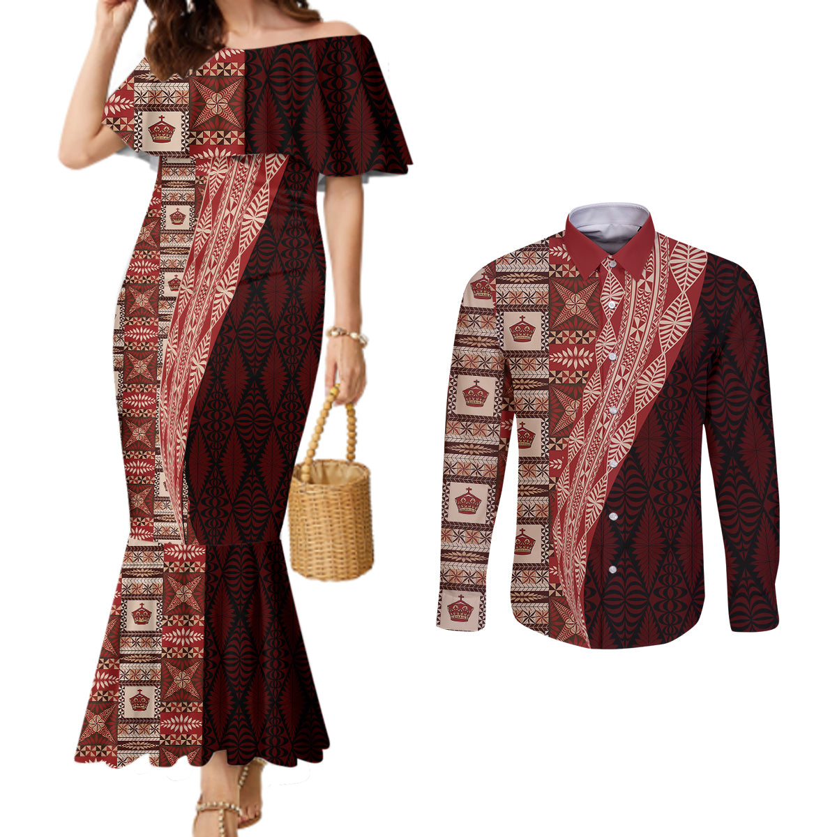 Tonga Fonulei and Ngatu Pattern Couples Matching Mermaid Dress and Long Sleeve Button Shirt LT03 Red - Polynesian Pride