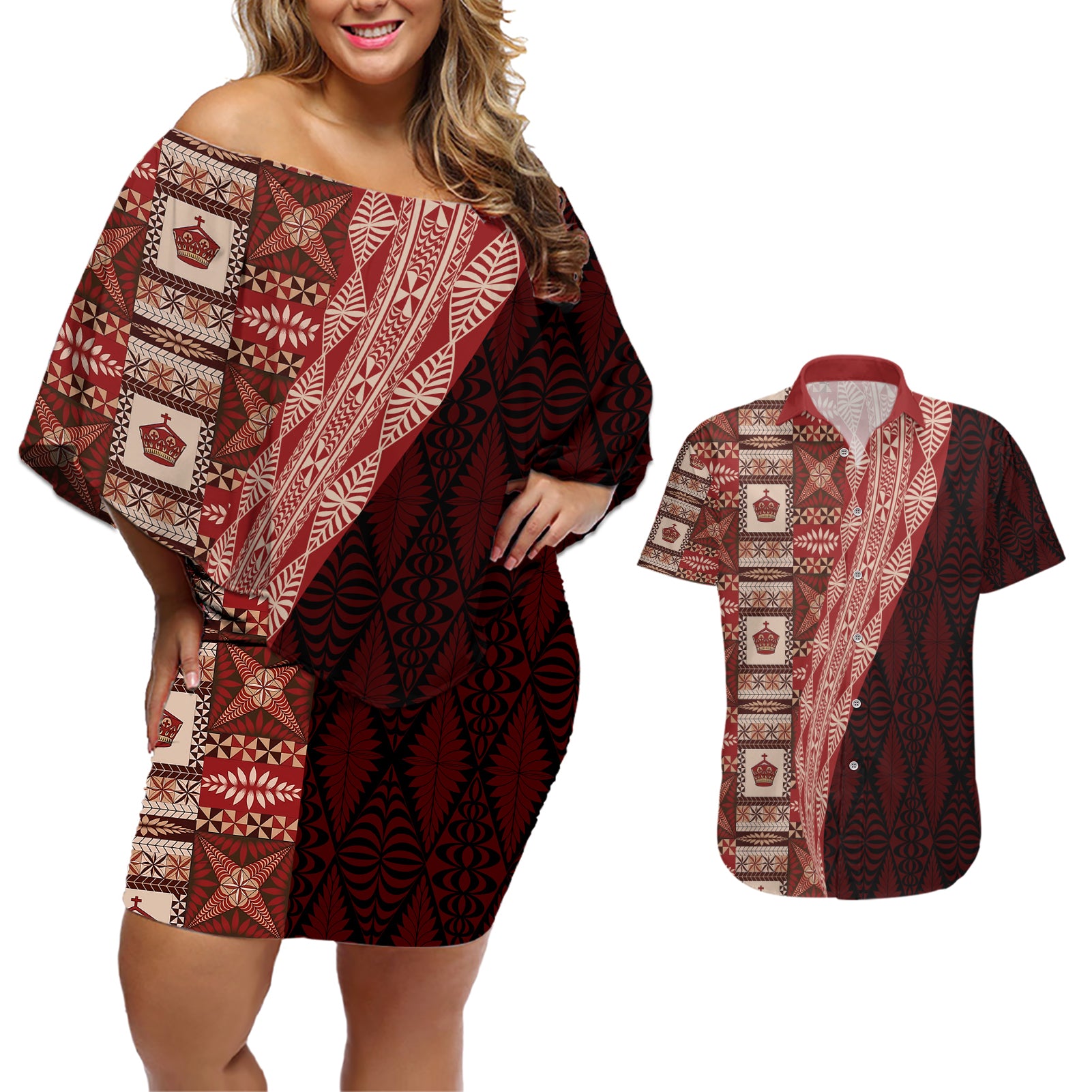 Tonga Fonulei and Ngatu Pattern Couples Matching Off Shoulder Short Dress and Hawaiian Shirt LT03 Red - Polynesian Pride