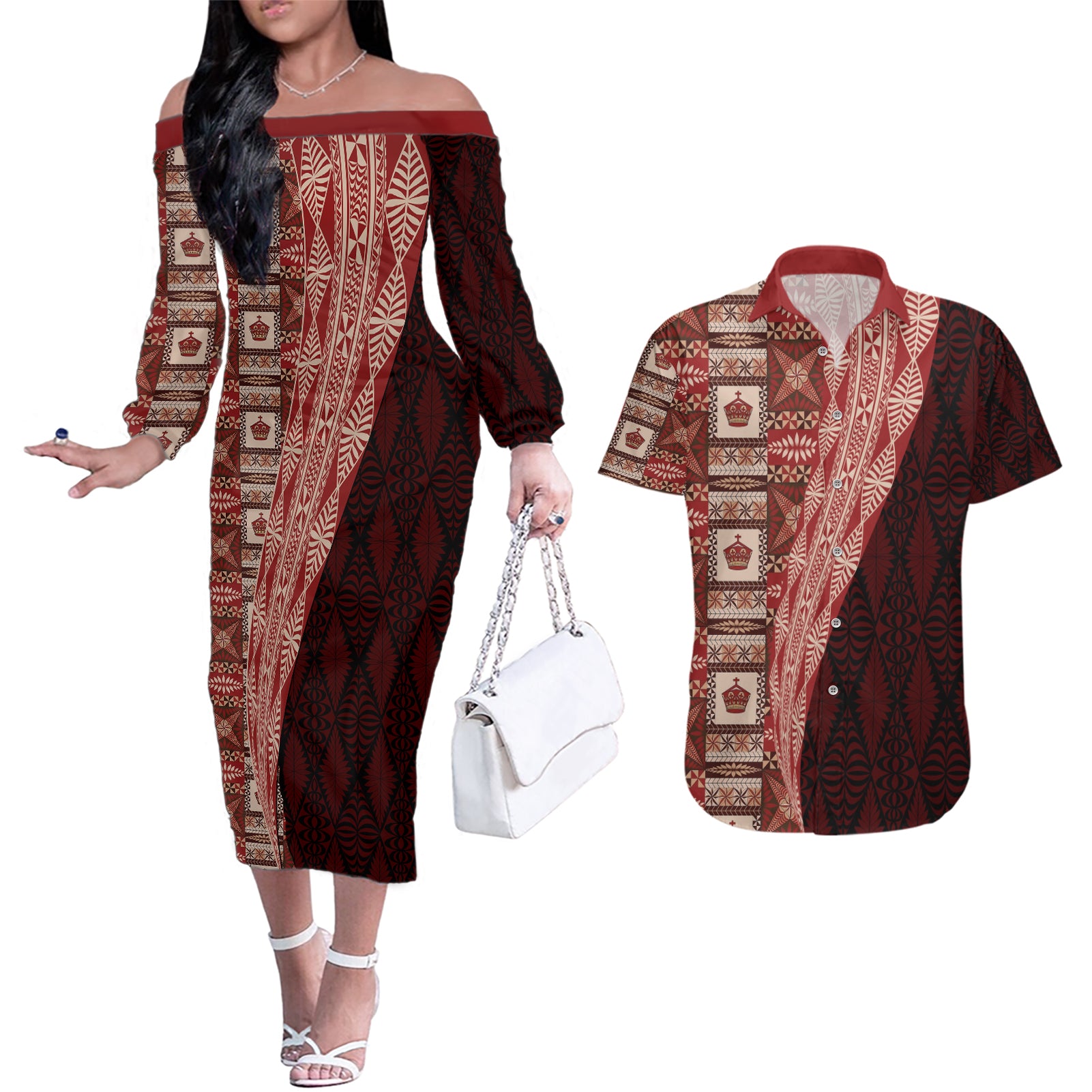 Tonga Fonulei and Ngatu Pattern Couples Matching Off The Shoulder Long Sleeve Dress and Hawaiian Shirt LT03 Red - Polynesian Pride