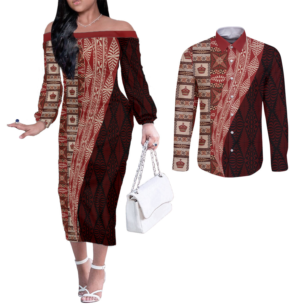 Tonga Fonulei and Ngatu Pattern Couples Matching Off The Shoulder Long Sleeve Dress and Long Sleeve Button Shirt LT03 Red - Polynesian Pride