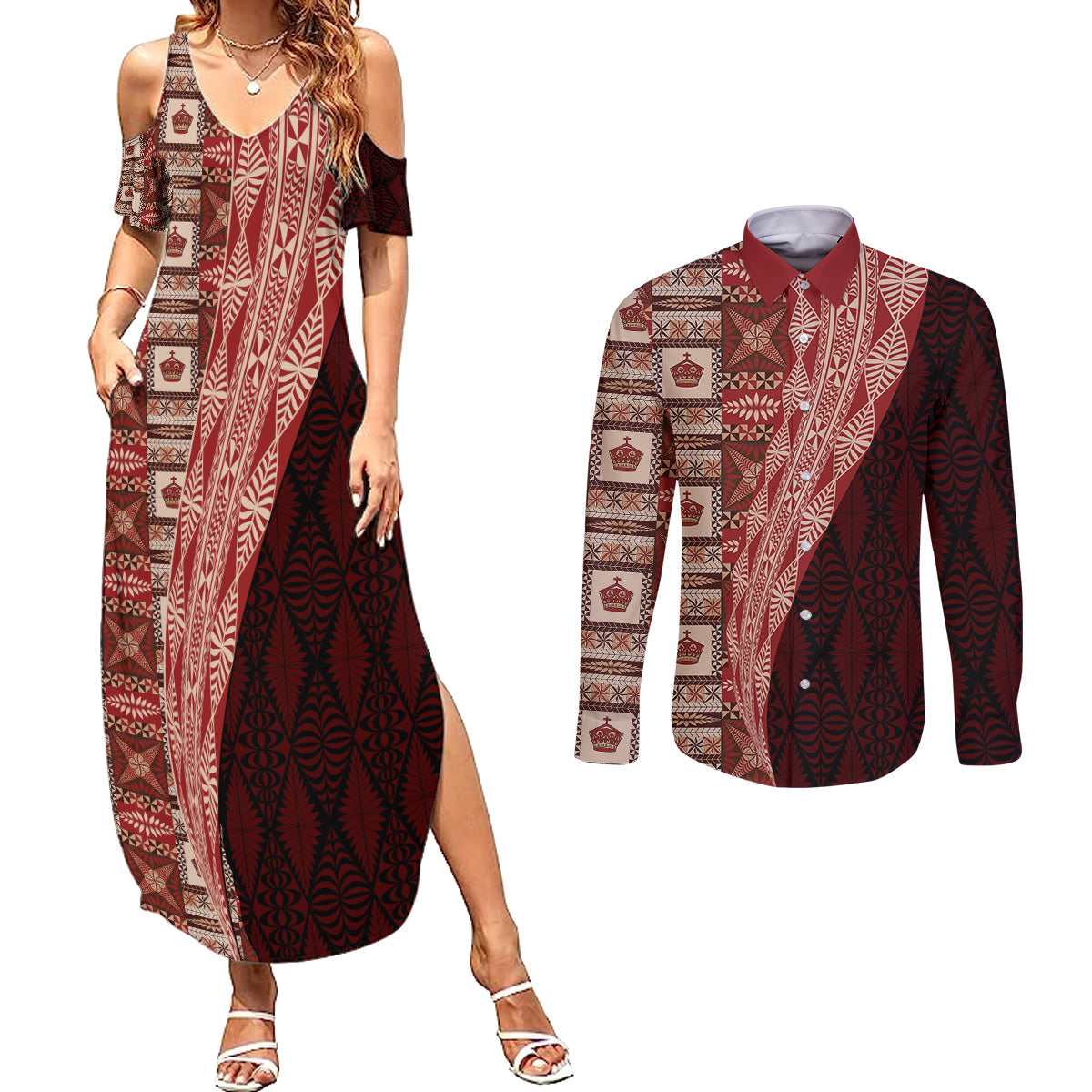 Tonga Fonulei and Ngatu Pattern Couples Matching Summer Maxi Dress and Long Sleeve Button Shirt LT03 Red - Polynesian Pride