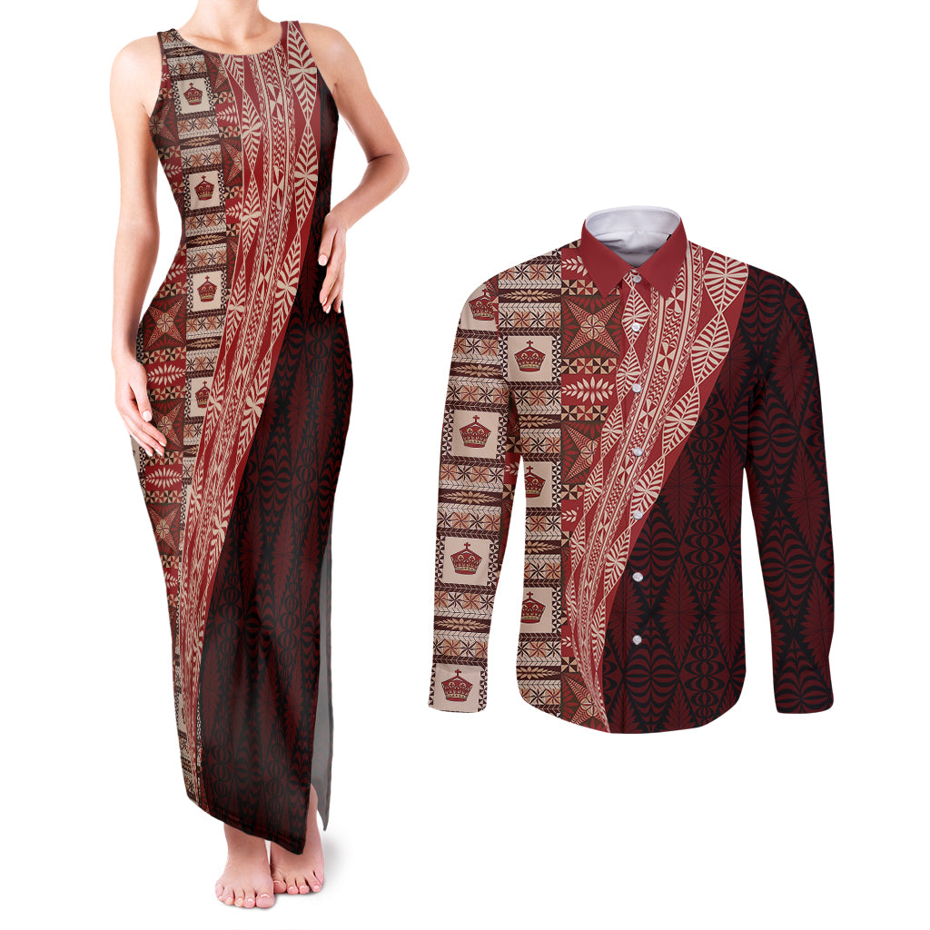 Tonga Fonulei and Ngatu Pattern Couples Matching Tank Maxi Dress and Long Sleeve Button Shirt LT03 Red - Polynesian Pride