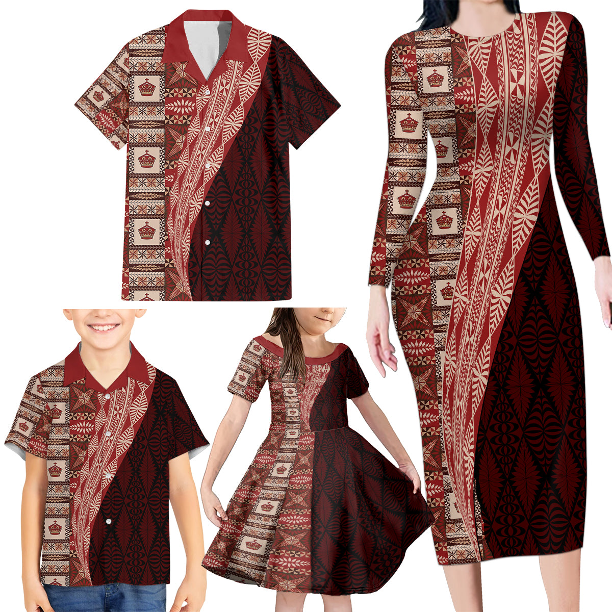 Tonga Fonulei and Ngatu Pattern Family Matching Long Sleeve Bodycon Dress and Hawaiian Shirt LT03 - Polynesian Pride