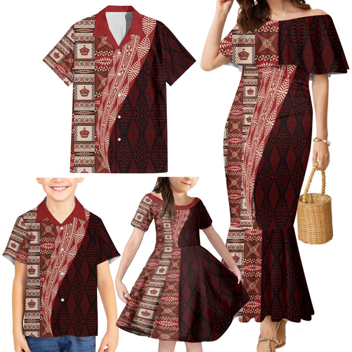 Tonga Fonulei and Ngatu Pattern Family Matching Mermaid Dress and Hawaiian Shirt LT03 - Polynesian Pride