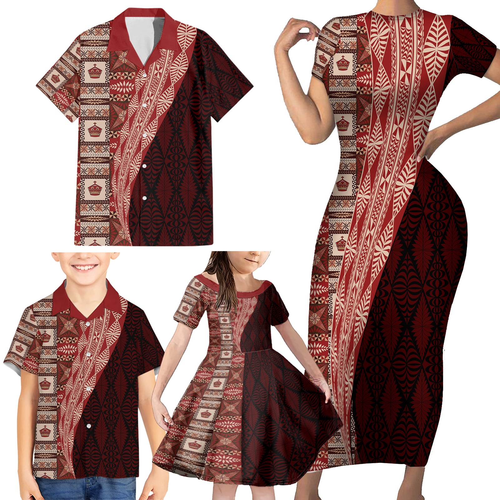 Tonga Fonulei and Ngatu Pattern Family Matching Short Sleeve Bodycon Dress and Hawaiian Shirt LT03 - Polynesian Pride