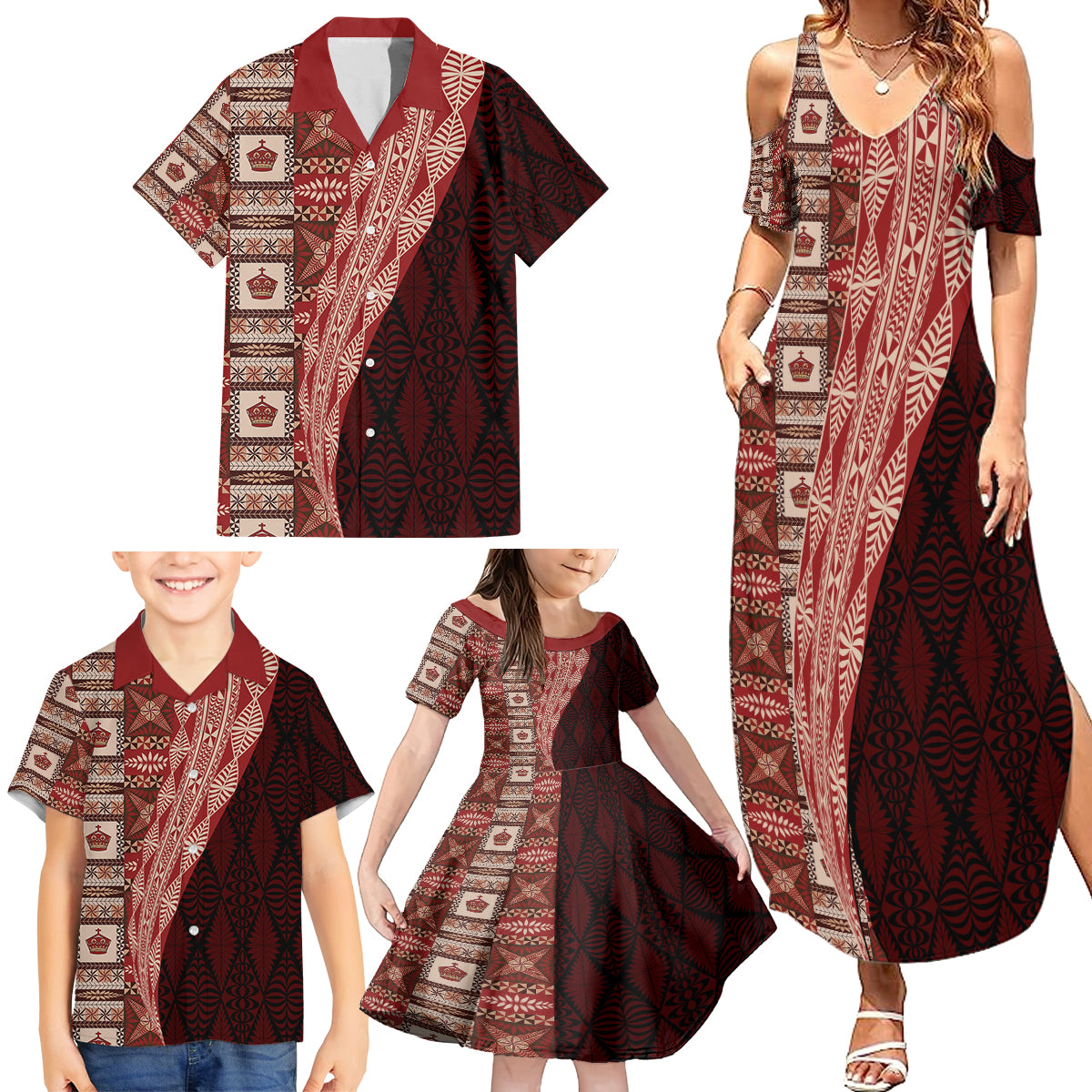 Tonga Fonulei and Ngatu Pattern Family Matching Summer Maxi Dress and Hawaiian Shirt LT03 - Polynesian Pride