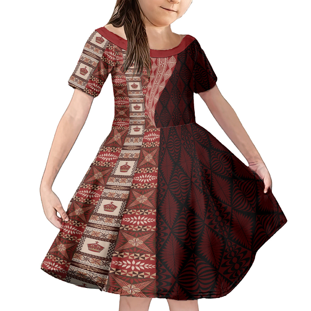 Tonga Fonulei and Ngatu Pattern Kid Short Sleeve Dress LT03 KID Red - Polynesian Pride