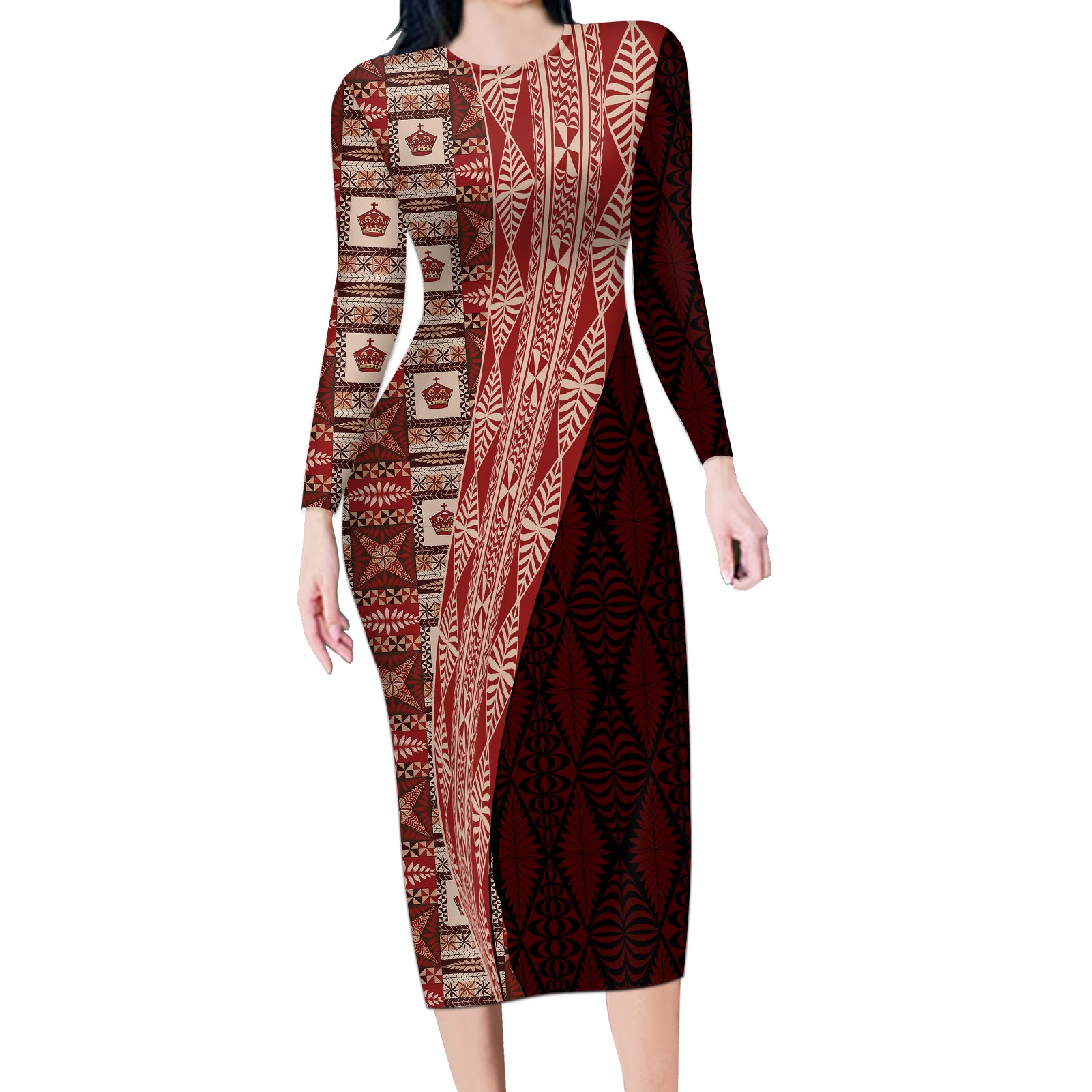 Tonga Fonulei and Ngatu Pattern Long Sleeve Bodycon Dress LT03 Long Dress Red - Polynesian Pride