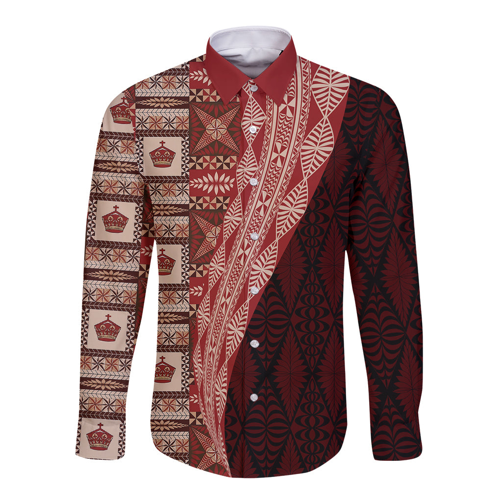 Tonga Fonulei and Ngatu Pattern Long Sleeve Button Shirt LT03 Unisex Red - Polynesian Pride