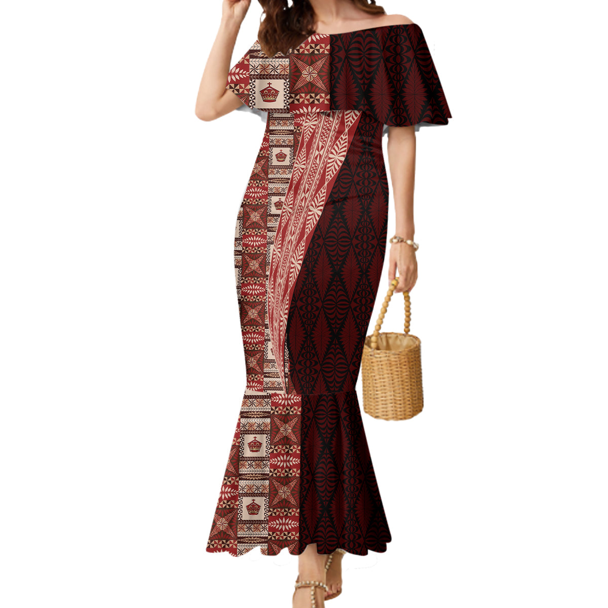 Tonga Fonulei and Ngatu Pattern Mermaid Dress LT03 Women Red - Polynesian Pride