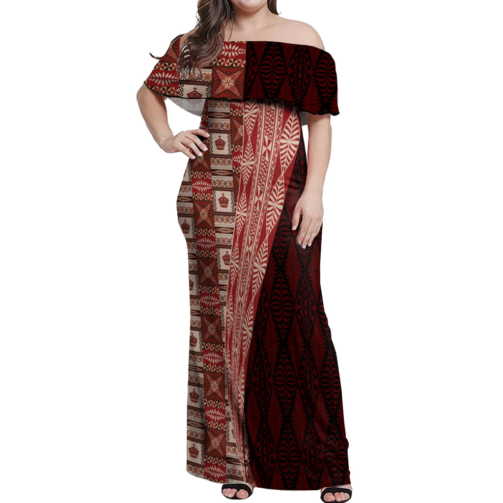 Tonga Fonulei and Ngatu Pattern Off Shoulder Maxi Dress LT03 Women Red - Polynesian Pride