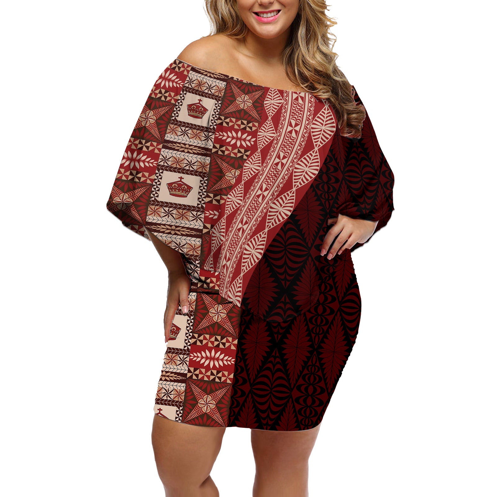 Tonga Fonulei and Ngatu Pattern Off Shoulder Short Dress LT03 Women Red - Polynesian Pride