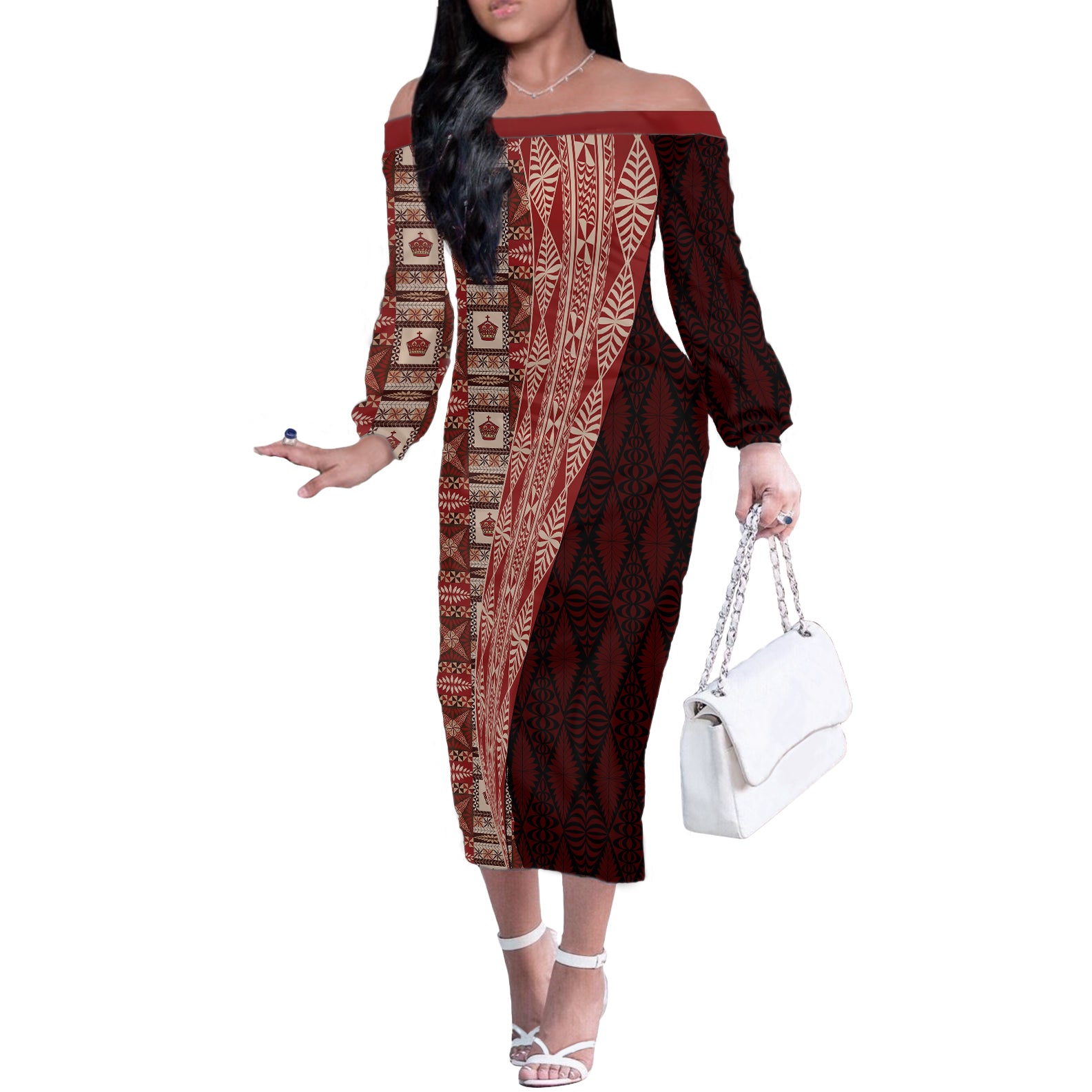 Tonga Fonulei and Ngatu Pattern Off The Shoulder Long Sleeve Dress LT03 Women Red - Polynesian Pride