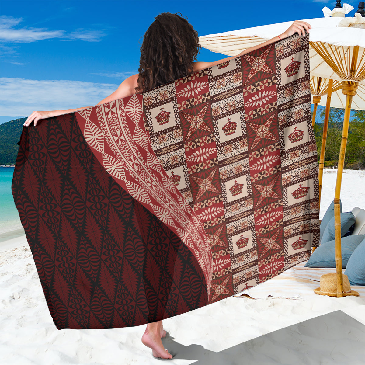 Tonga Fonulei and Ngatu Pattern Sarong LT03 One Size 44 x 66 inches Red - Polynesian Pride