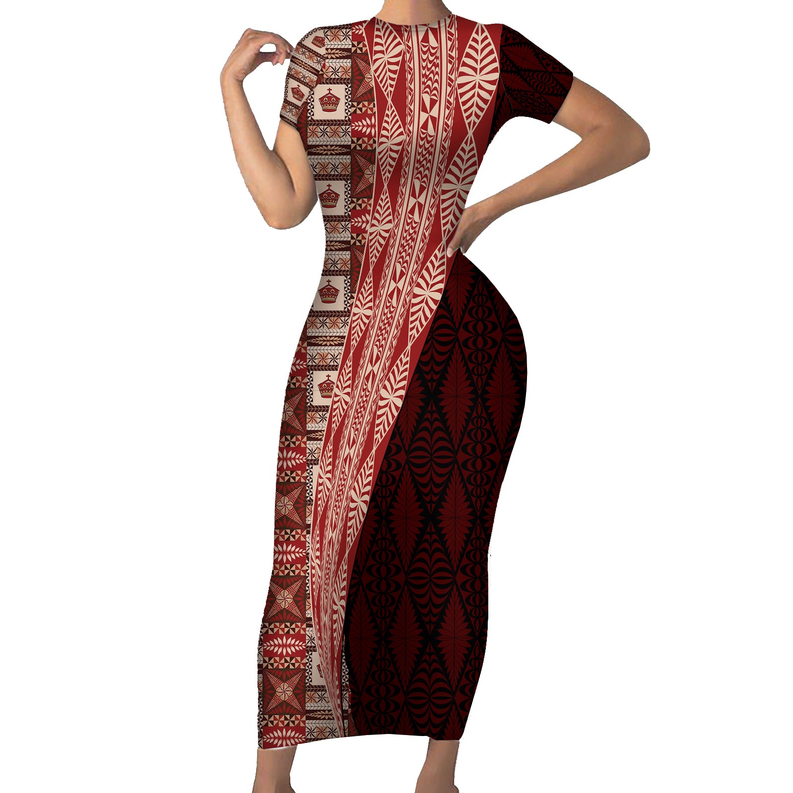 Tonga Fonulei and Ngatu Pattern Short Sleeve Bodycon Dress LT03 Long Dress Red - Polynesian Pride