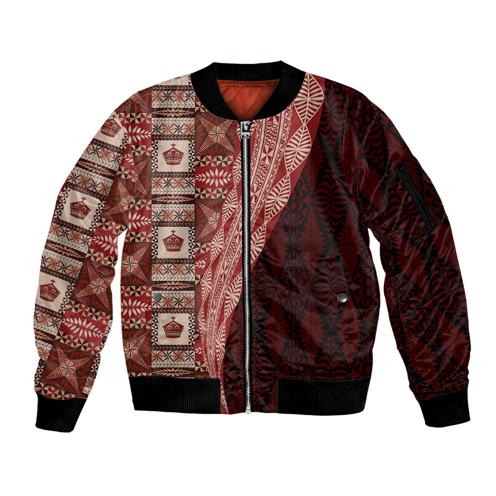 Tonga Fonulei and Ngatu Pattern Sleeve Zip Bomber Jacket LT03 Unisex Red - Polynesian Pride