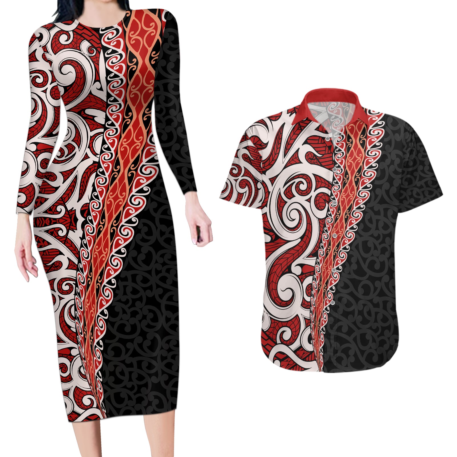 New Zealand Maori Stylized Koru Couples Matching Long Sleeve Bodycon Dress and Hawaiian Shirt LT03 Red - Polynesian Pride