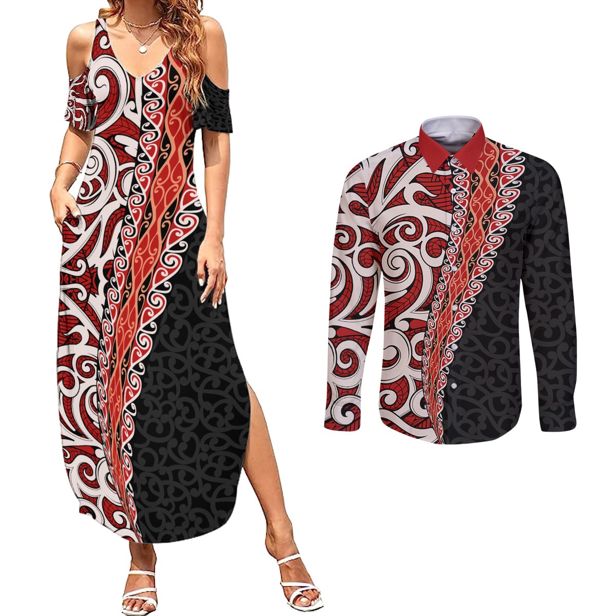 New Zealand Maori Stylized Koru Couples Matching Summer Maxi Dress and Long Sleeve Button Shirt LT03 Red - Polynesian Pride