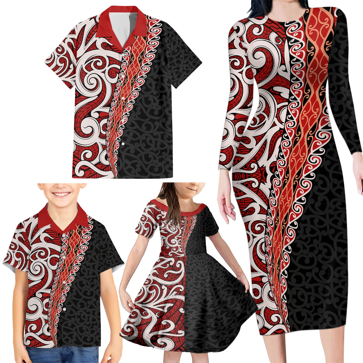 New Zealand Maori Stylized Koru Family Matching Long Sleeve Bodycon Dress and Hawaiian Shirt LT03 - Polynesian Pride