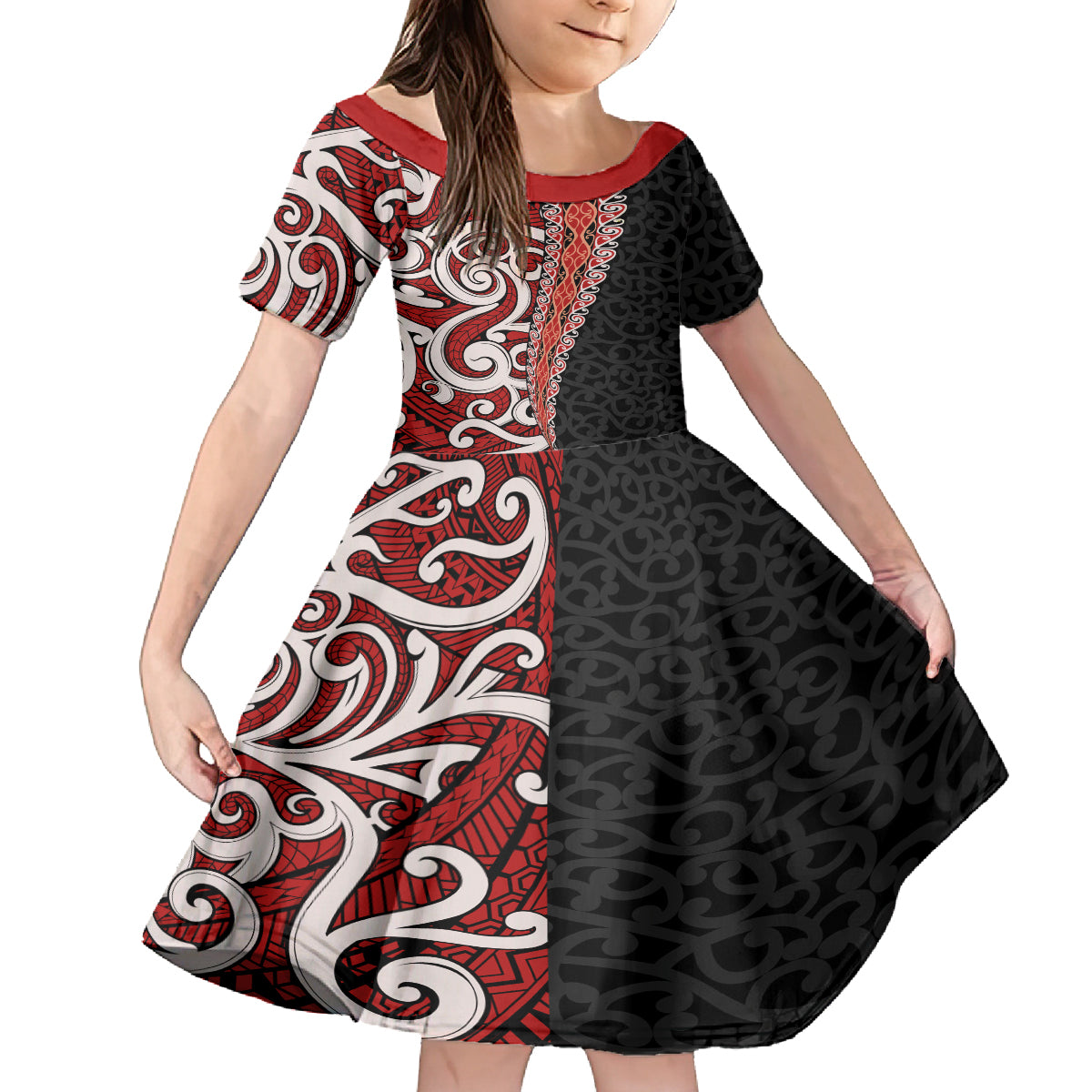New Zealand Maori Stylized Koru Family Matching Off Shoulder Short Dress and Hawaiian Shirt LT03 Daughter's Dress Red - Polynesian Pride