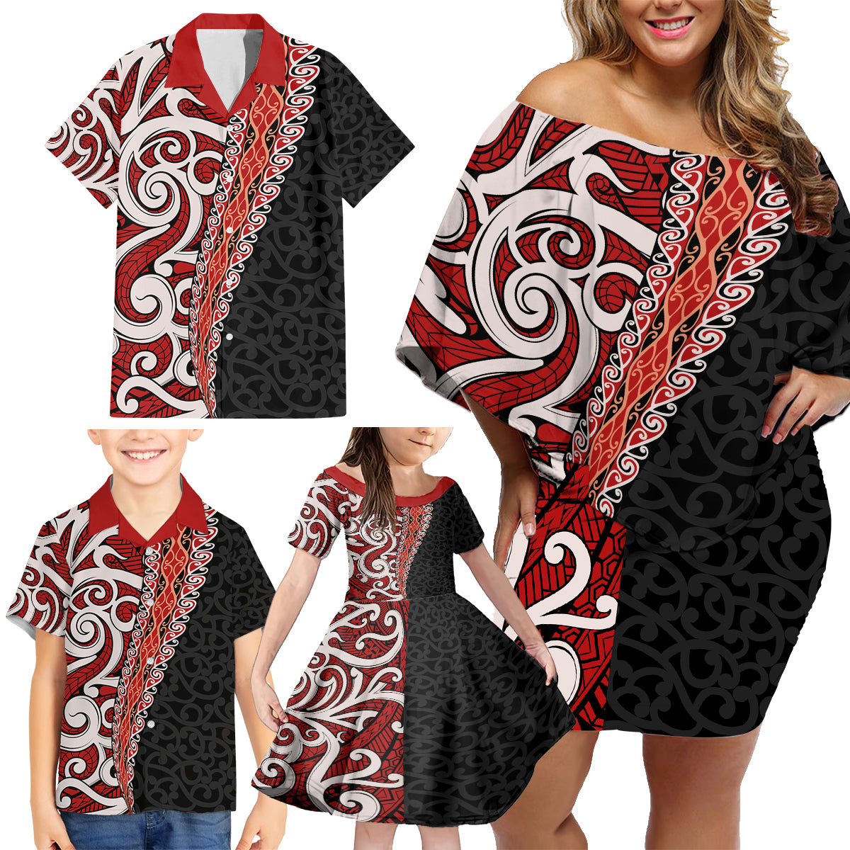 New Zealand Maori Stylized Koru Family Matching Off Shoulder Short Dress and Hawaiian Shirt LT03 - Polynesian Pride