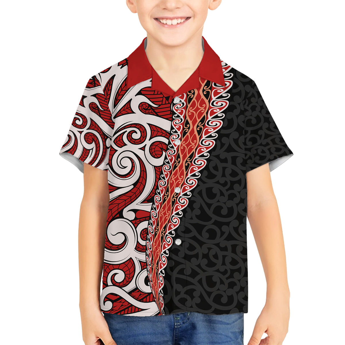 New Zealand Maori Stylized Koru Family Matching Off Shoulder Short Dress and Hawaiian Shirt LT03 Son's Shirt Red - Polynesian Pride
