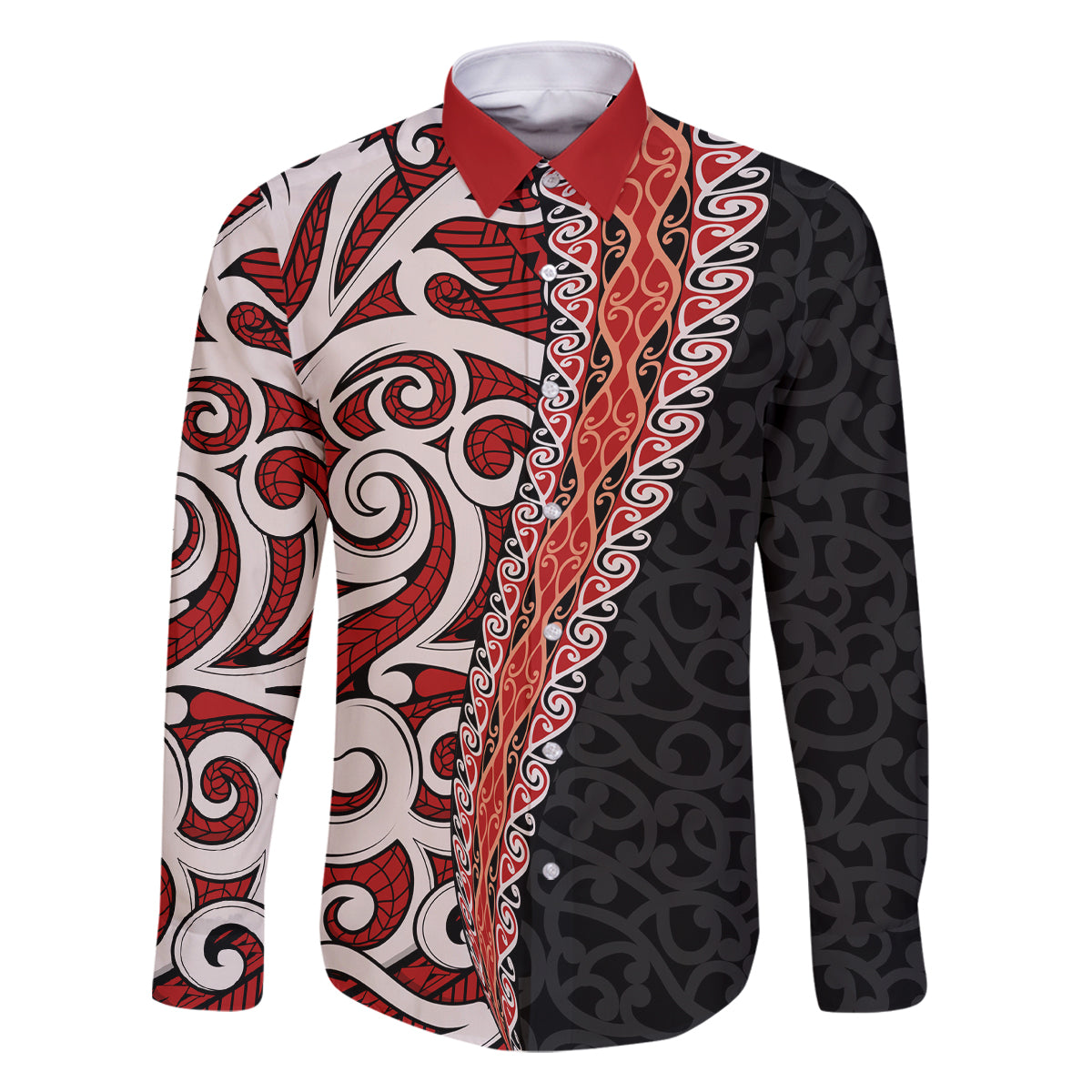 New Zealand Maori Stylized Koru Family Matching Summer Maxi Dress and Hawaiian Shirt LT03 Dad's Shirt - Long Sleeve Red - Polynesian Pride